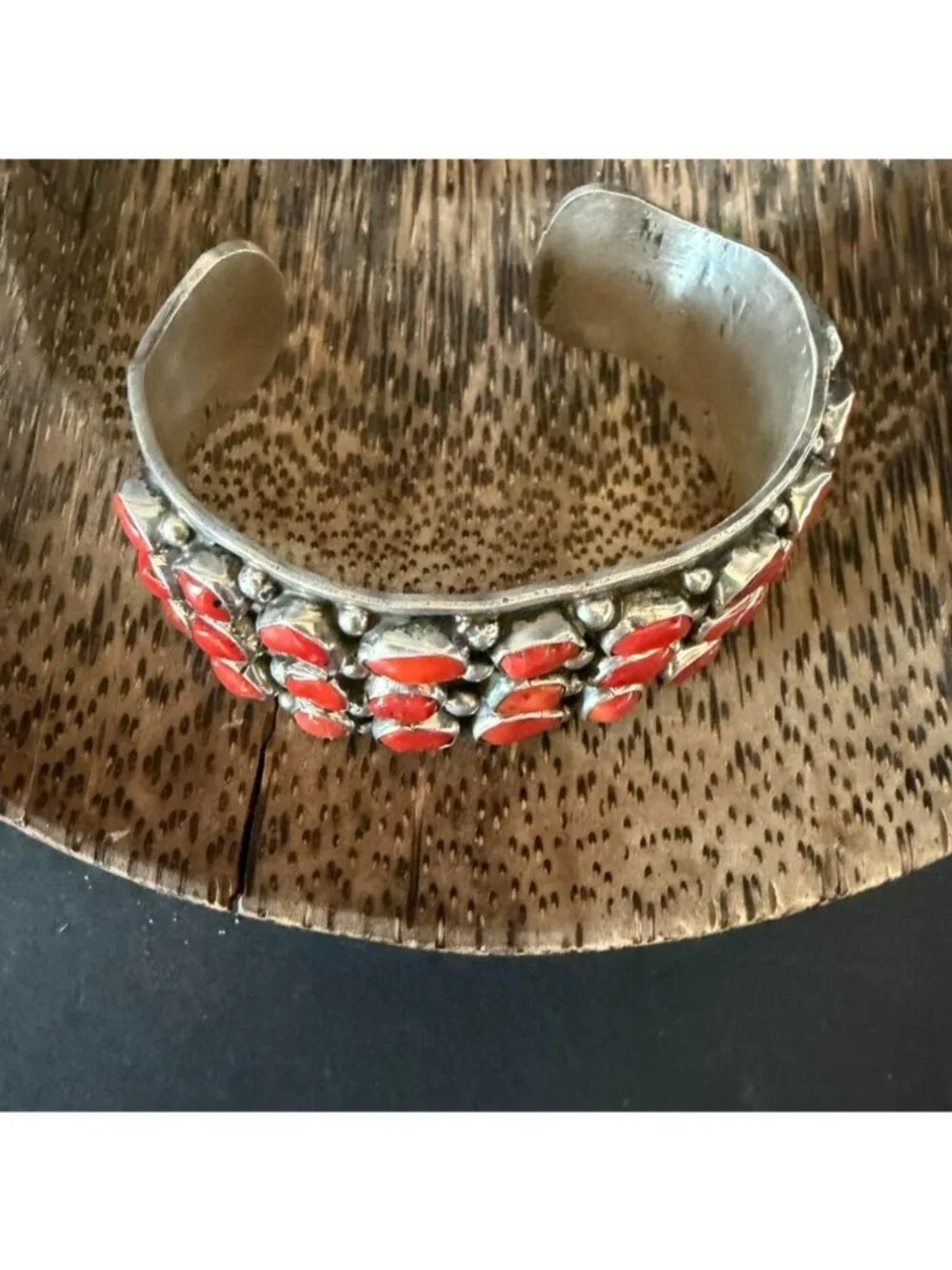 Vintage Navajo Sterling Silver & Coral Cabochon Cluster Cuff Bracelet Signed DM